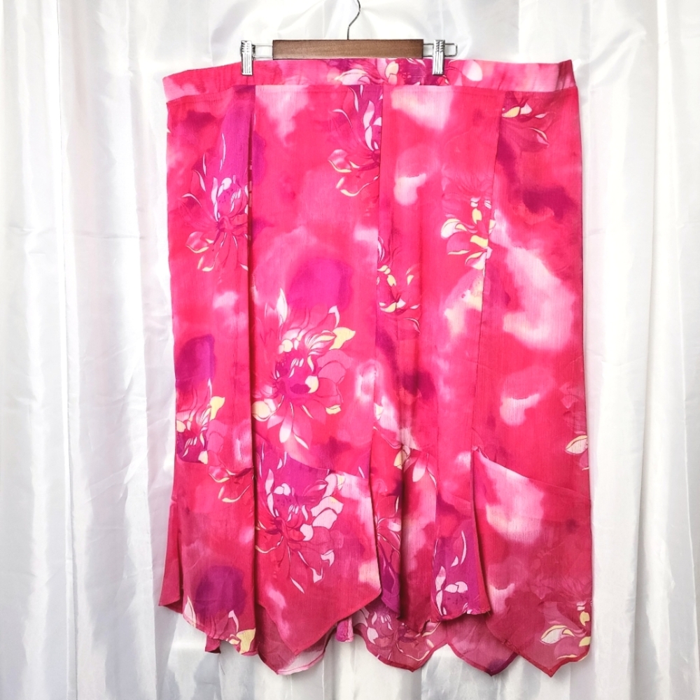 Catherines Plus Sz 4X Floral Midi Skirt Black Label Pink Hanky Hem Flowy Fairy